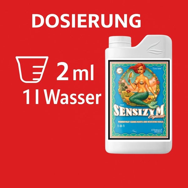 Dosierung für Sensizym Organic: 2 Milliliter auf 1 Liter Wasser.