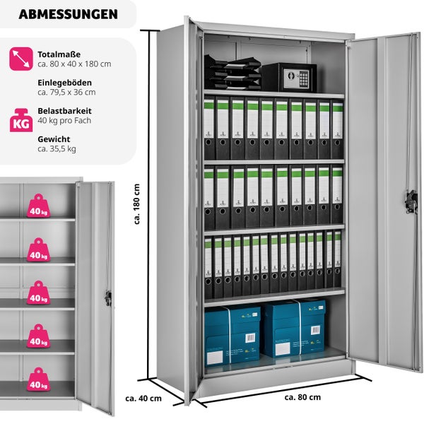 Aktenschrank tectake Blain 180 x 80 x 40 cm aus pulverbeschichtetem Stahl grau