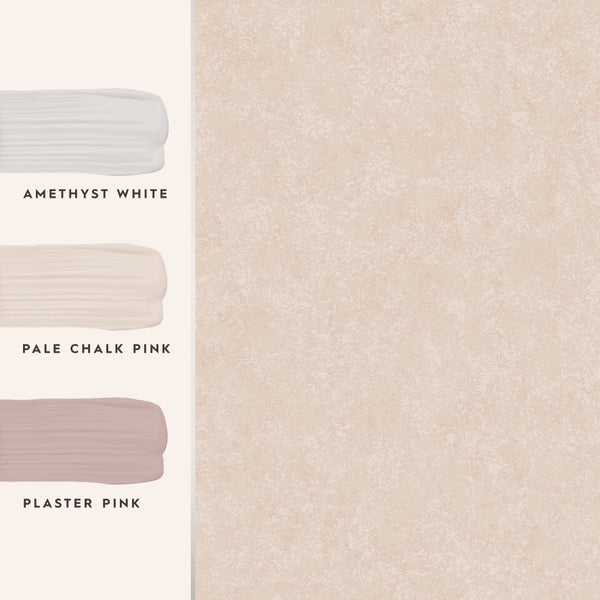 Vlies-Tapete mit Struktur in Puderrosa, dargestellt mit drei Farbmustern: Amethyst White, Pale Chalk Pink und Plaster Pink.