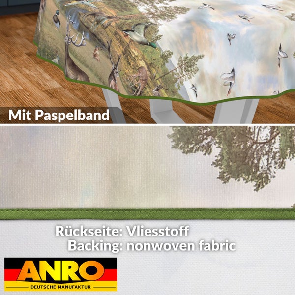Tischdecke mit Wildtiermotiv und Paspelband sowie Vliesstoffrückseite