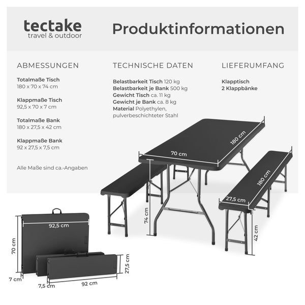 Tectake Logo und Infografik zu einem Bierzelttisch mit zwei Klappbänken aus Polyethylen und Stahl mit Maßangaben und technischen Daten.