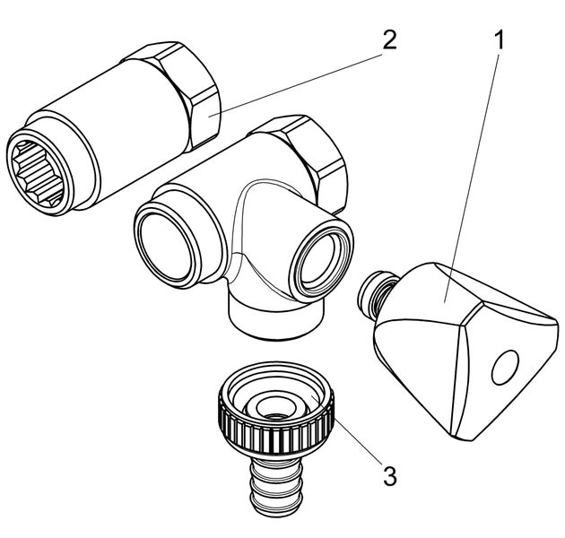Technische Explosionszeichnung von Wasserhahn-Komponenten mit Griff, Ventilgehäuse, Hülse und Schlauchanschluss.