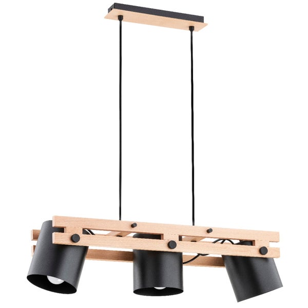 Dreiflammige Pendelleuchte mit Holzrahmen und drei zylindrischen Metallschirmen zur Deckenmontage.