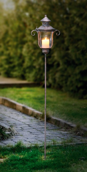FRANK FLECHTWAREN | Stablaterne Shabby-Grey, METALL, 20 x 12 x 115 cm, Glas Ø 10 x 13 cm, passend für Kerzen max. Ø 6 cm, ohne Kerze