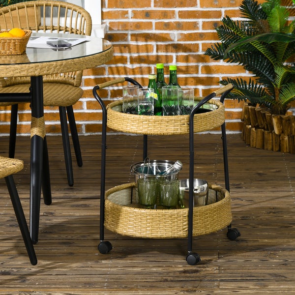 Outsunny Servierwagen Rattan Trolley mit 2 Regalen, Φ50 x 66 cm, Stahl, Gelb