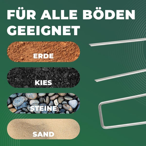 Erdnägel aus Metall, geeignet für alle Böden wie Erde, Kies, Steine und Sand.
