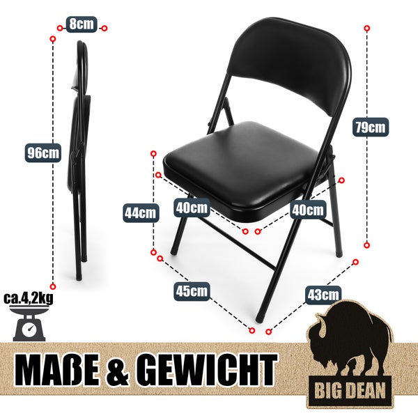 Schwarzer Klappstuhl mit den Maßen 96 cm Höhe, 40 cm Sitzbreite, 44 cm Sitztiefe und einem Gewicht von circa 4,2 kg