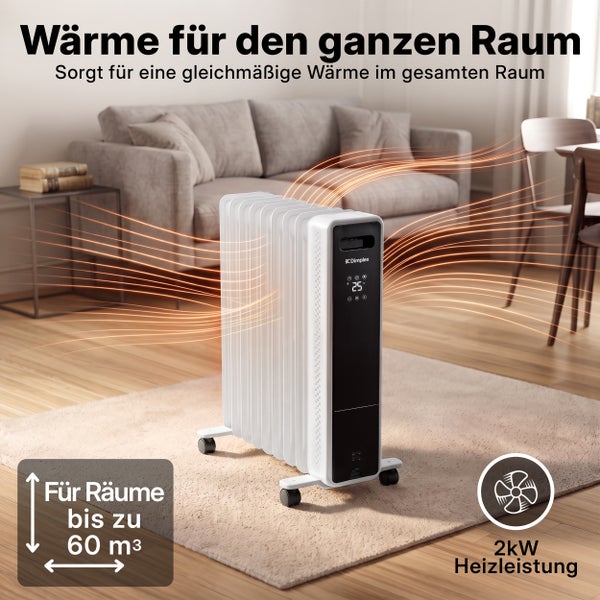 Mobiler Dimplex Ölradiator mit digitaler Steuerung zur Beheizung von Räumen bis zu 60 Kubikmeter bei einer Heizleistung von 2 Kilowatt.