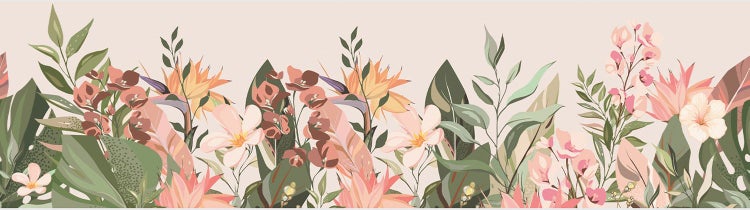 Illustrierte Bordüre mit tropischen Blumen und Blättern wie Strelitzien und Hibiskus.