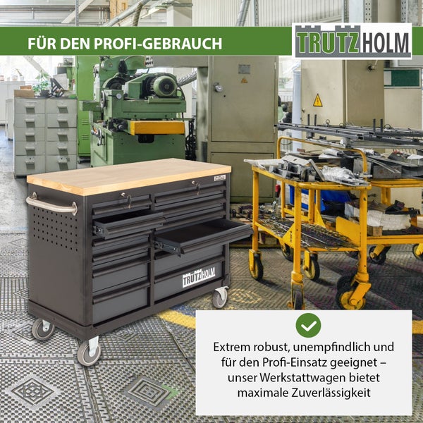 Werkstattwagen mit Holzplatte und mehreren Schubladen in einer Werkstatt