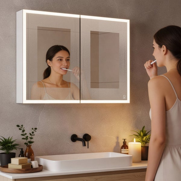 Home Deluxe LED-Spiegelschrank EVE Schwarz 100 x 80 cm I Unterputz-Montage, Antibeschlagsystem, Kosmetikspiegelschrank, Badezimmerspiegelschrank, Touch-Bedienung, Stufenloses Dimmen, Glasböden,