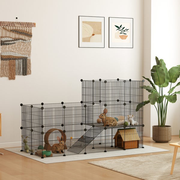 PawHut Kleintiergehege Kleintierkäfig mit 39 Platten Freigehege mit Rampe DIY Gittergehege Metall Kleintiere öffenbar Schwarz 140 x 70 x 105 cm