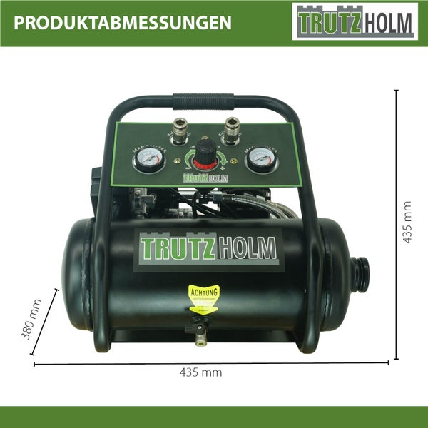 Trutzholm Kompressor mit Produktabmessungen: Höhe 435 Millimeter, Breite 435 Millimeter, Tiefe 380 Millimeter.