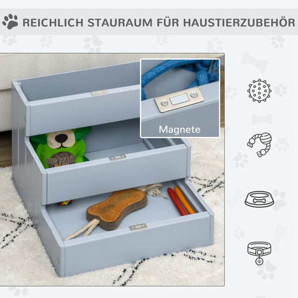 PawHut Hundetreppe 3 Stufen Katzentreppe Haustiertreppe Hundetreppe für Hunde und Katzen Tiertreppe Einstiegshilfe mit Teppich Stauraum für Sofa Bett Tannenholz Grau 40,5 x 44,5 x 38 cm