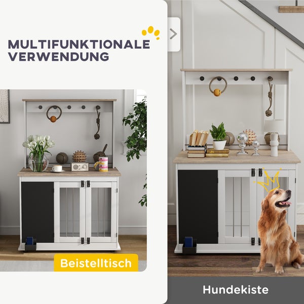 PawHut Hundekäfig für Zuhause, Hundehaus mit Haken, 3 Türen, Hundebox mit Aufbewahrungsregal für Spielzeug, Radiergummi, Schreibtafel, für große Hunde, Weiß