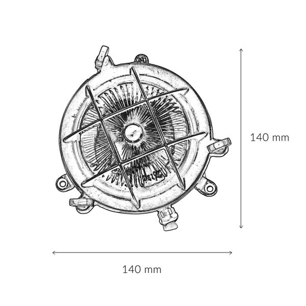 Technische Zeichnung einer runden Wandleuchte mit Schutzgitter und den Maßen 140 mm mal 140 mm.