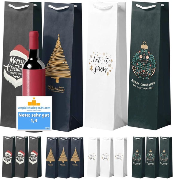 Verschiedene Geschenktüten für Weinflaschen mit weihnachtlichen Motiven