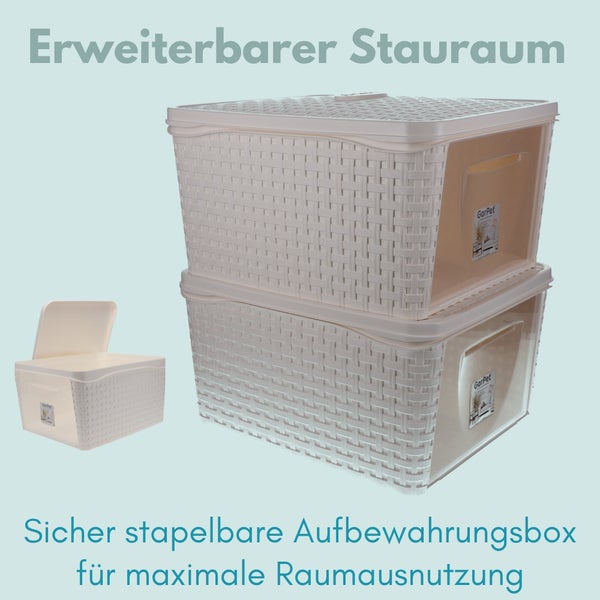 Gestapelte Aufbewahrungsboxen aus Kunststoff mit Deckel für zusätzlichen Stauraum