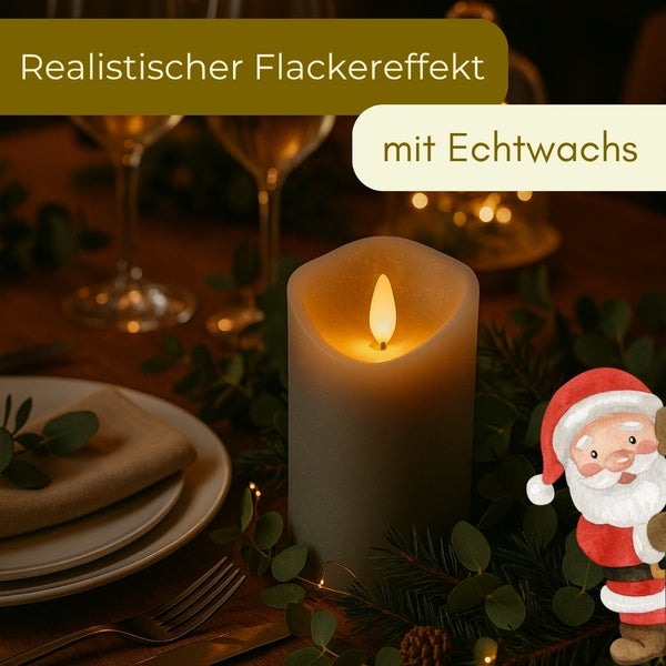 LED Stumpenkerze aus Echtwachs mit realistischem Flackereffekt auf einem weihnachtlich gedeckten Tisch mit Dekoration.