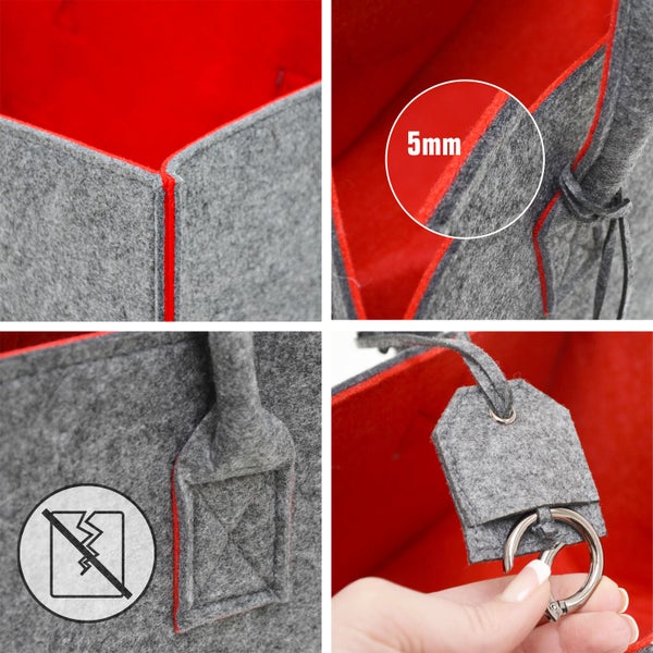 Details einer Filztasche mit fuenf Millimeter Wandstaerke und strapazierfaehiger Verarbeitung sowie abnehmbarem Schluesselanhaenger.