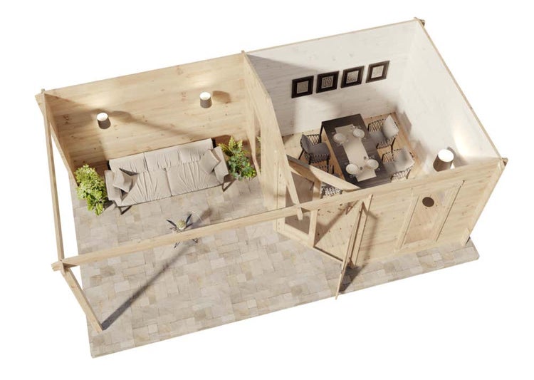 Innenansicht eines Holzgartenhauses mit Wohnzimmer und Esszimmer inklusive Möbeln