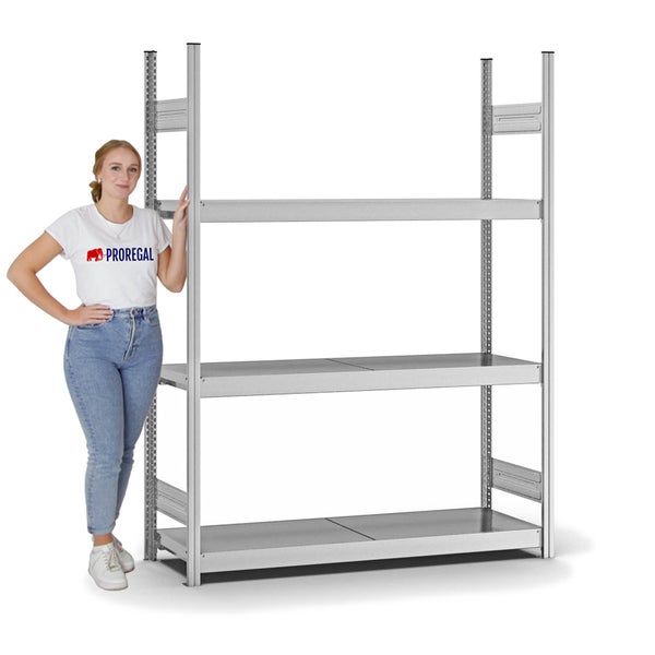 PROREGAL Weitspannregal Stecksystem T-Profil Grundregal HxBxT 200x150x40 cm 3 Ebenen Stahlplatten Fachboden Fachlast 350 kg Verzinkt