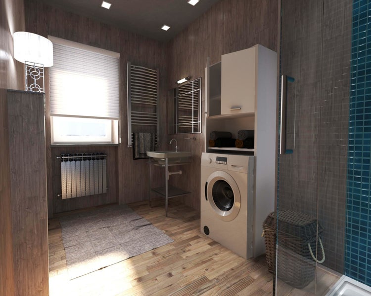 Badezimmer mit Waschmaschine, Waschbecken und Handtuchheizkörper in einem hellen, geräumigen Design.