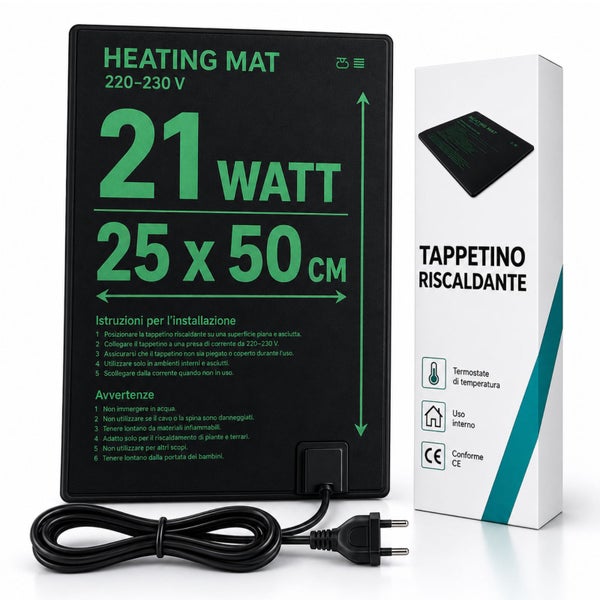 Heizmatte für Pflanzen und Terrarien mit 21 Watt Leistung und Abmessungen von 25 mal 50 Zentimetern inklusive Verpackung und Netzkabel.