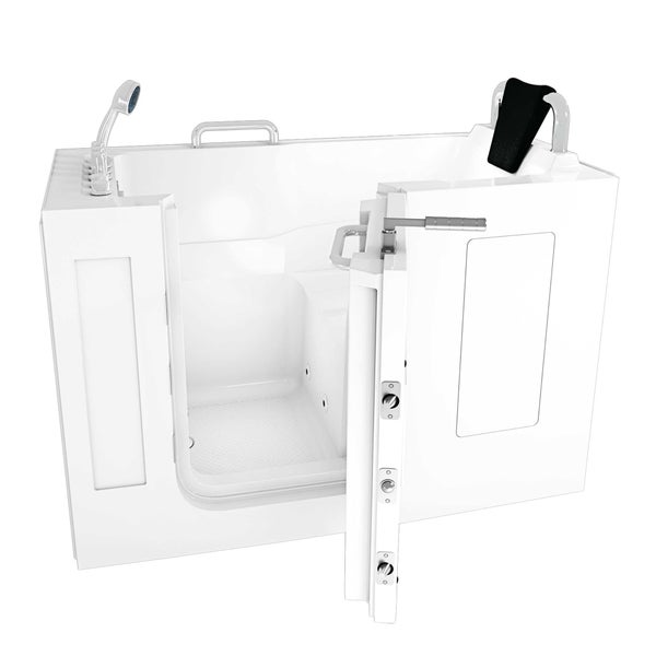 Begehbare Badewanne mit offener Tür, Duschkopf und Nackenstütze