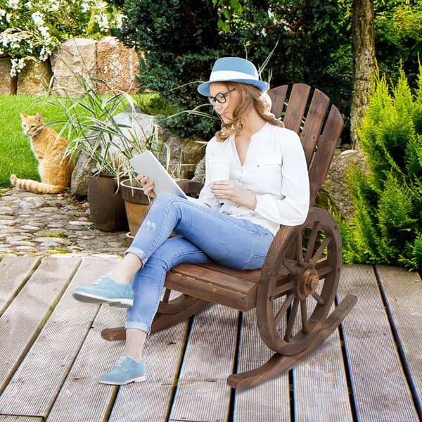 Outsunny Schaukelstuhl, Rustikaler Relaxstuhl, Gartenstuhl mit Rollen-Design, Schwingsessel, Massivholz, Dunkelbraun, 68 x 88 x 92 cm