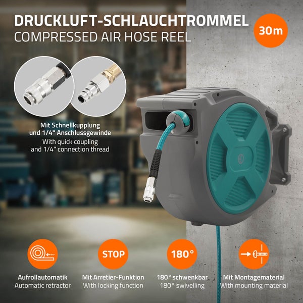 Druckluftschlauchaufroller mit 30 Meter Schlauch, Wandhalterung, Schnellkupplung, Arretierfunktion, 180 Grad schwenkbar und Montagematerial.