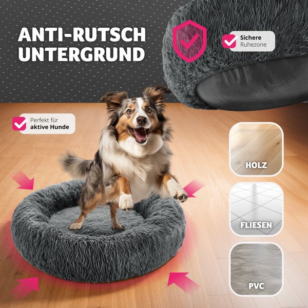 Graues Hundebett mit Anti-Rutsch-Unterseite und einem Hund darauf