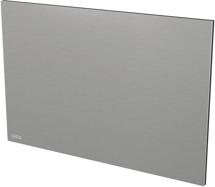 Alca Betätigungsplatte aus gebürstetem Metall in rechteckiger Form mit Alca Logo.