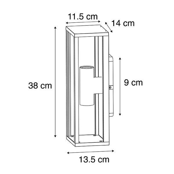 Maßskizze einer rechteckigen Außenwandleuchte mit Abmessungen: Höhe 38 Zentimeter, Breite 13,5 Zentimeter und Tiefe 14 Zentimeter.