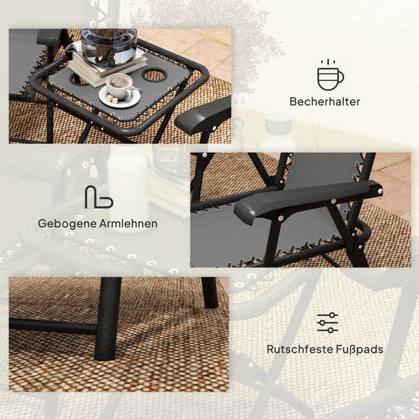 Relaxsessel-Details: Beistelltisch mit Becherhalter, gebogene Armlehnen und rutschfeste Fußpads für sicheren Stand.