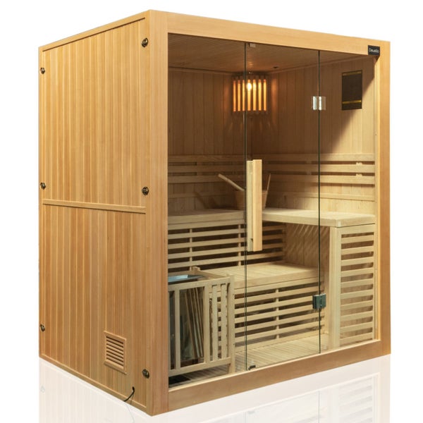 Sauna mit Holzbänken und Glastür
