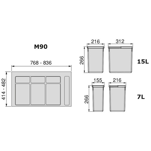 Maßzeichnung für ein Mülltrennsystem M90 mit Einlegeschale und Abfalleimern in den Größen 7 Liter und 15 Liter.