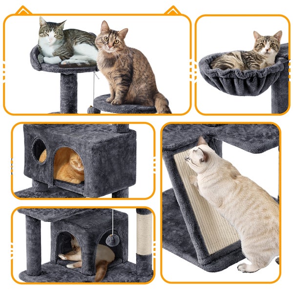 Mehrteilige Ansicht eines grauen Katzenkratzbaums mit mehreren Katzen, die verschiedene Bereiche des Kratzbaums nutzen.