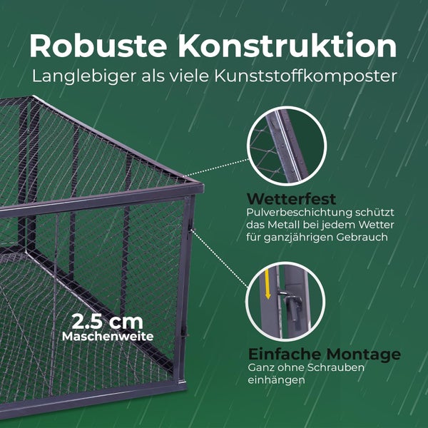 Metallkomposter mit 2,5 Zentimeter Maschenweite, wetterfester Pulverbeschichtung und schraubenloser Montage.