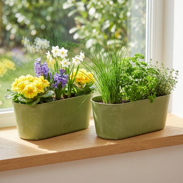 Zwei längliche Pflanzgefäße auf einer Fensterbank, bepflanzt mit Blumen wie Primeln, Hyazinthen und Narzissen sowie frischen Küchenkräutern.