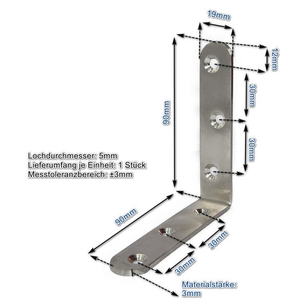 Winkelverbinder aus Metall mit Maßangaben 90 mal 90 Millimeter, Materialstärke 3 Millimeter und Lochdurchmesser 5 Millimeter.