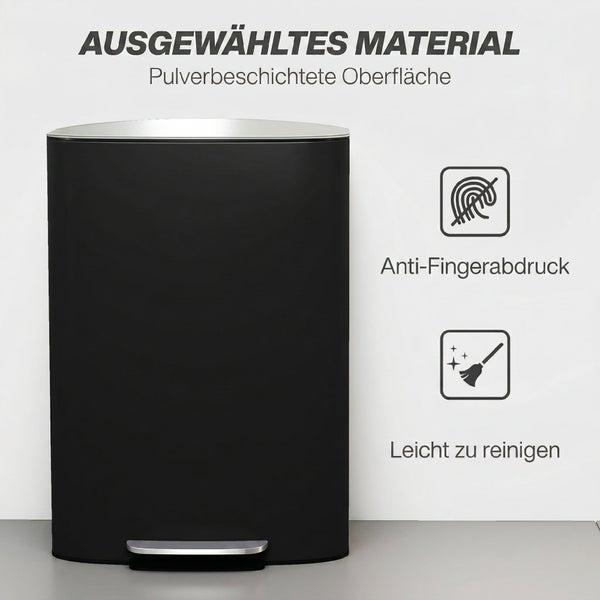 Schwarzer Treteimer mit pulverbeschichteter Oberfläche, resistent gegen Fingerabdrücke und leicht zu reinigen.