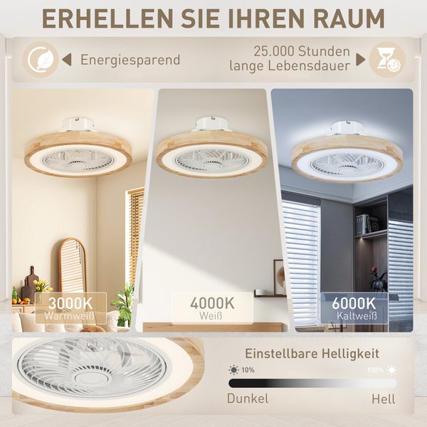 HOMCOM Deckenventilator mit Beleuchtung Fernbedienung LED Ventilator Deckenleuchte Dimmbar mit RGB-Farbe, 6 Geschwindigkeiten 40 W Lampe mit Ventilator, Timer umkehrbar für Schlafzimmer Natur 50 cm