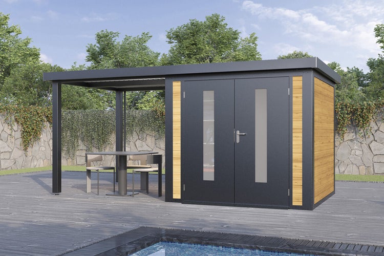 Gartenhaus mit Überdachung auf einer Terrasse am Pool, moderne Kombination aus Metall und Holzoptik mit Doppeltür und integriertem Sitzbereich.