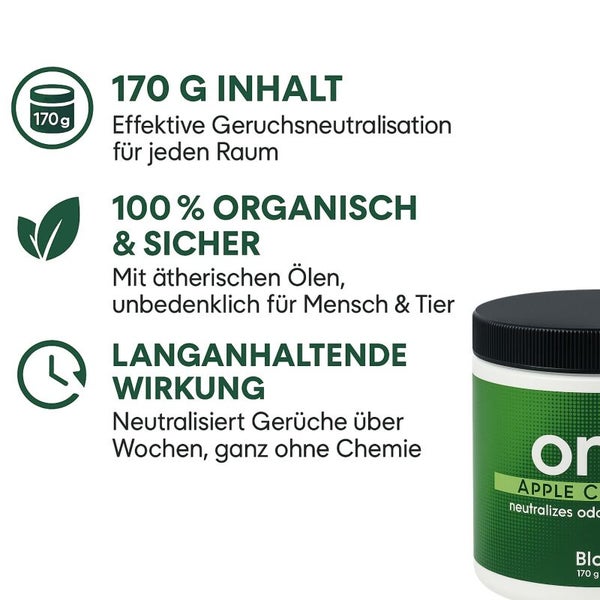 Informationen zu einem Geruchsneutralisierer mit 170 Gramm Inhalt, der organisch und sicher ist und ätherische Öle enthält.