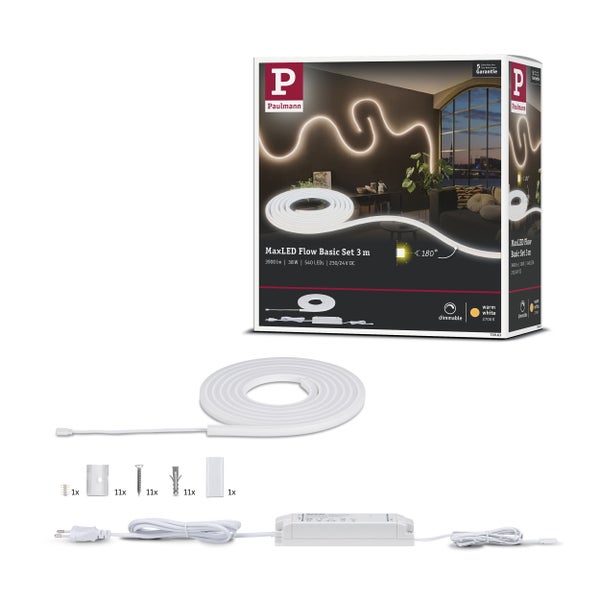 LED Neon Flex Lichtstreifen Set mit Befestigungsmaterial und Netzteil für eine flexible Wandgestaltung im Wohnzimmer.
