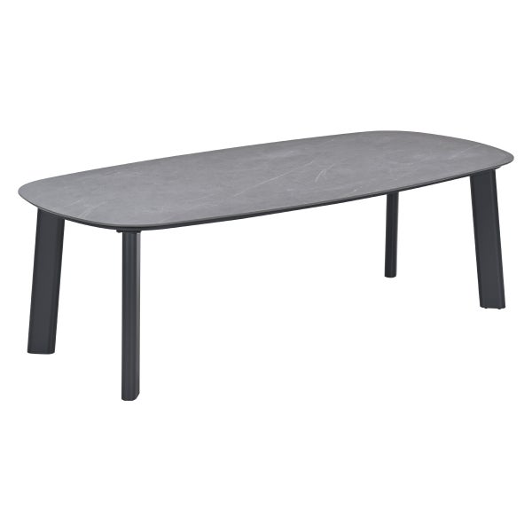 Moderner grauer Gartentisch mit abgerundeter Tischplatte in Steinoptik und vier Metallbeinen.