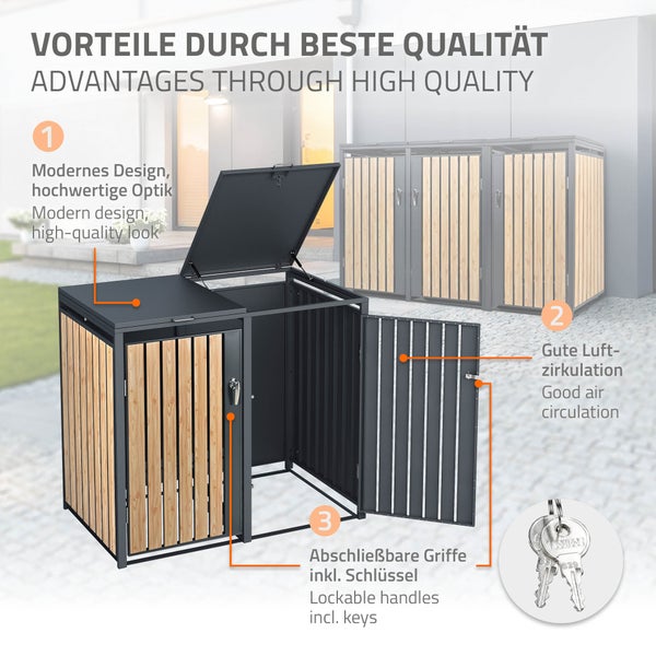 ML-Design Mülltonnenbox 3er 3 Tonnen 240L 200x80x116,3cm Anthrazit-Lärchenoptik, Stahl wetterfest/abschließbar Mülltonnenverkleidung Klappdeckel/3 Türen, Müllbox Mülltonnecontainer Mülltonnenabdeckung
