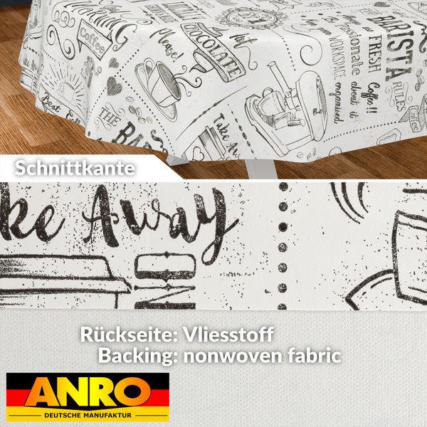 Abwaschbare Tischdecke mit Kaffeemotiven, Detailansicht der Schnittkante und der Rückseite aus Vliesstoff, ANRO Logo.