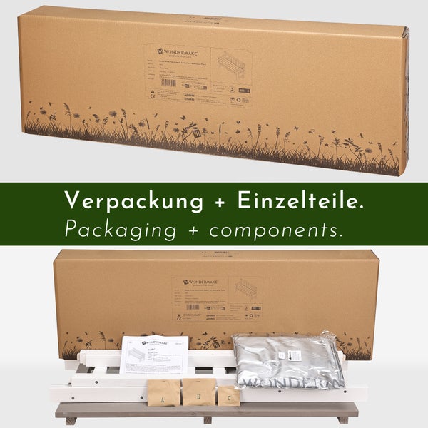 WONDERMAKE® Design Kinder-Gartenbank aus Holz wetterfest mit Textil-Abdeckung und Lehne, 2-Sitzer Kinderbank Holzbank Parkbank Kinder Sitzbank massiv Garten Outdoor, Naturholz, weiß grau anthrazit